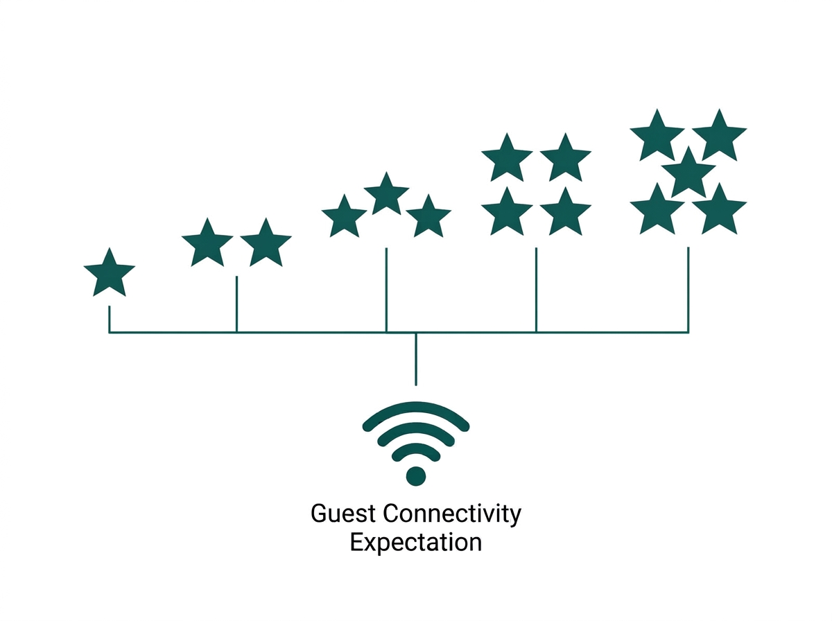 Flat diagram showing DOT star rating tiers connected to guest experience factors including WiFi reliability