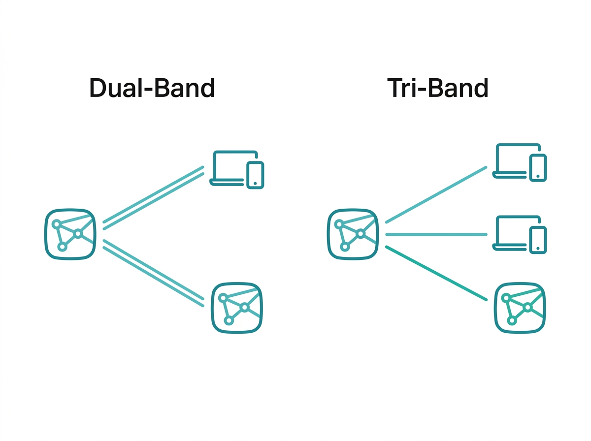 Diagram explaining the difference between dual-band and tri-band mesh WiFi systems