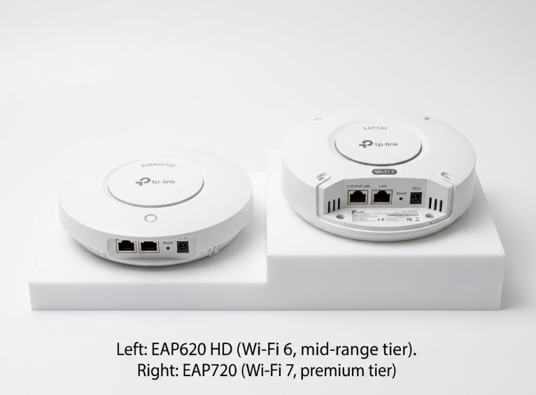 Product photo comparison of the Omada EAP620 HD and EAP720 access points showing their relative feature tiers