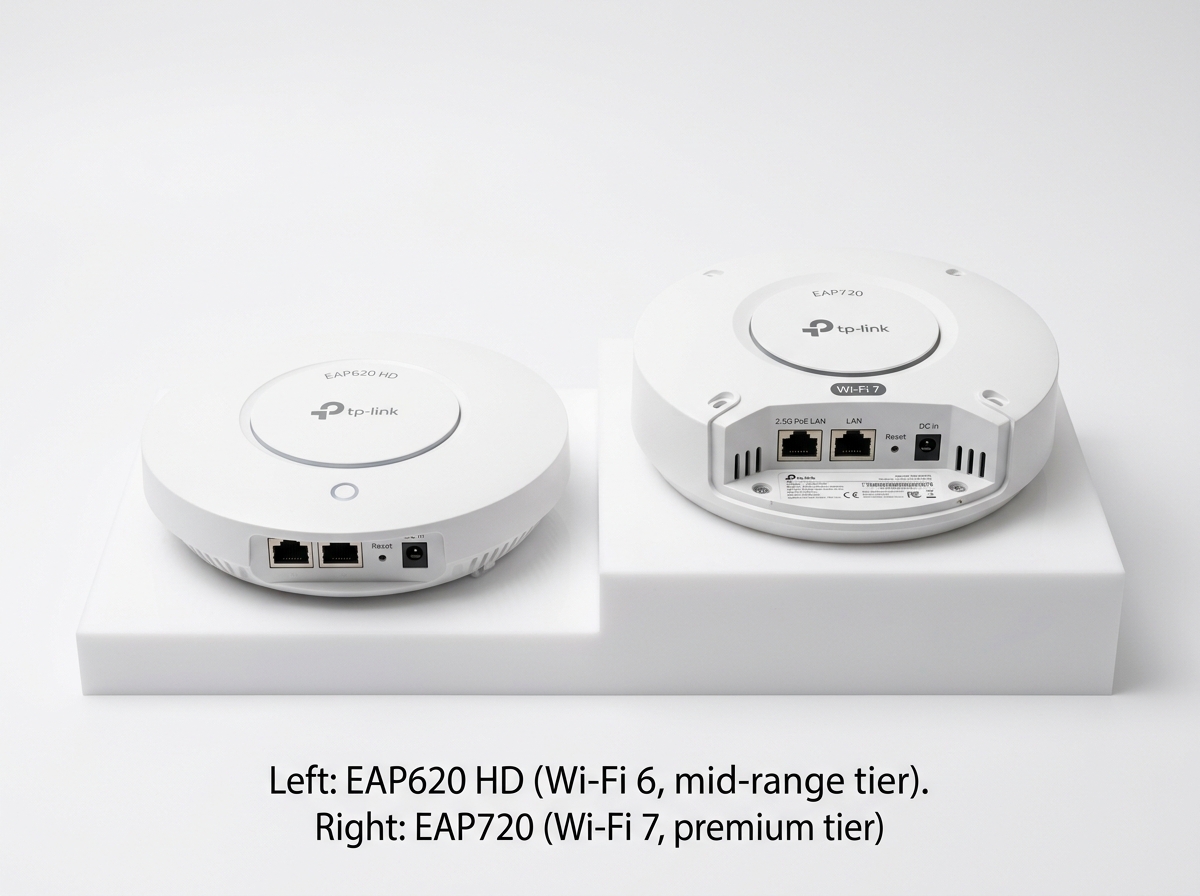 Product photo comparison of the Omada EAP620 HD and EAP720 access points showing their relative feature tiers