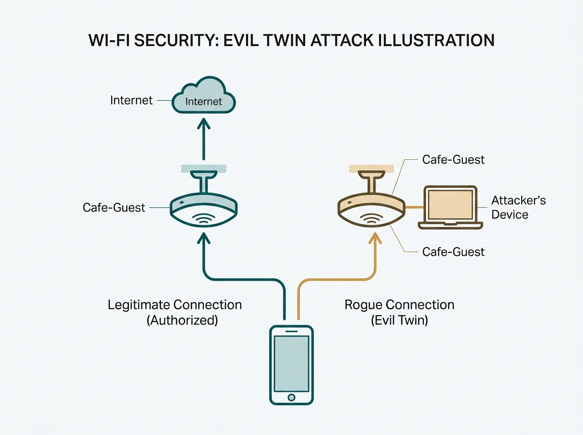 Diagram showing a guest device joining a legitimate access point on one path and an identically named rogue access point on the other, with traffic redirected to an attacker