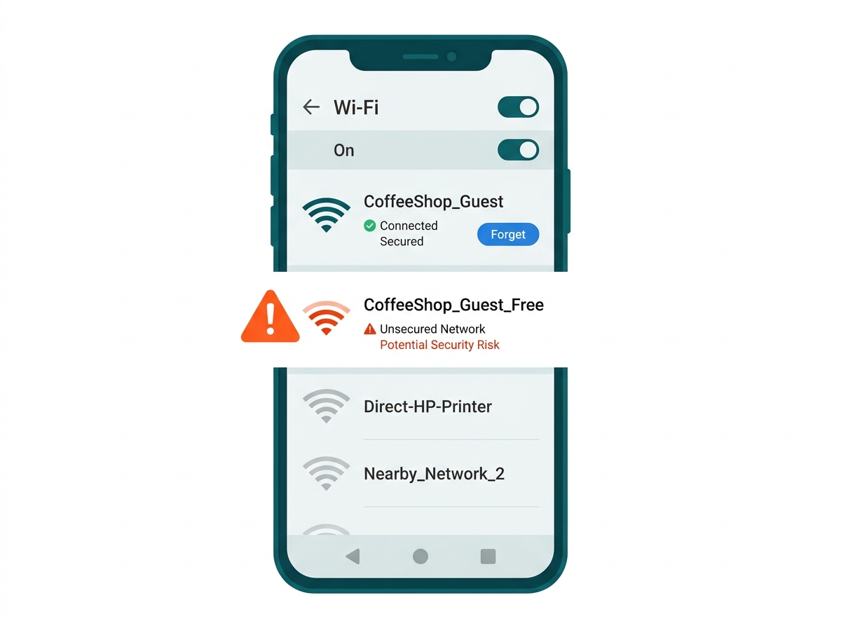 Comparison illustration of a legitimate office Wi-Fi network name next to a near-identical evil twin rogue network name