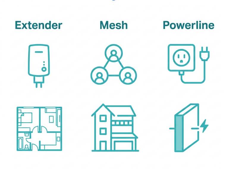 Three-way comparison illustration of WiFi extender, mesh system, and powerline adapter use cases