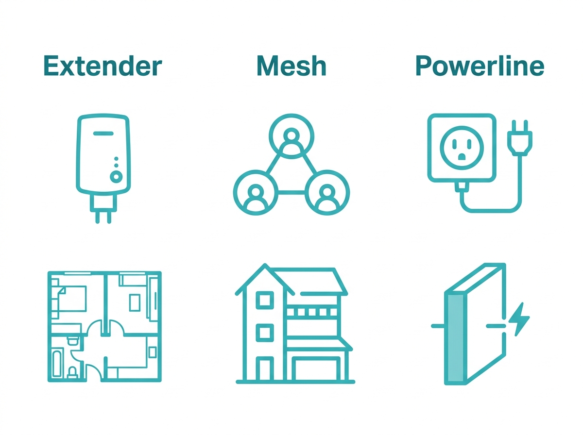 Three-way comparison illustration of WiFi extender, mesh system, and powerline adapter use cases