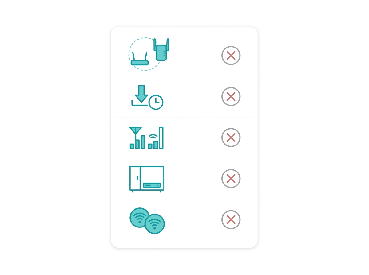 Checklist illustration of common WiFi extender setup mistakes to avoid for better performance