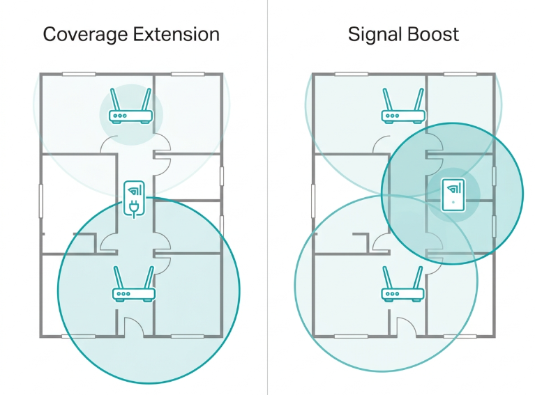 Two-panel diagram showing WiFi extender extending coverage to a distant room versus a WiFi booster improving signal strength in a nearby weak area