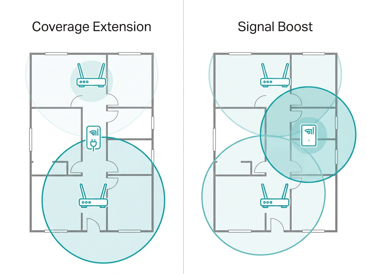 Two-panel diagram showing WiFi extender extending coverage to a distant room versus a WiFi booster improving signal strength in a nearby weak area