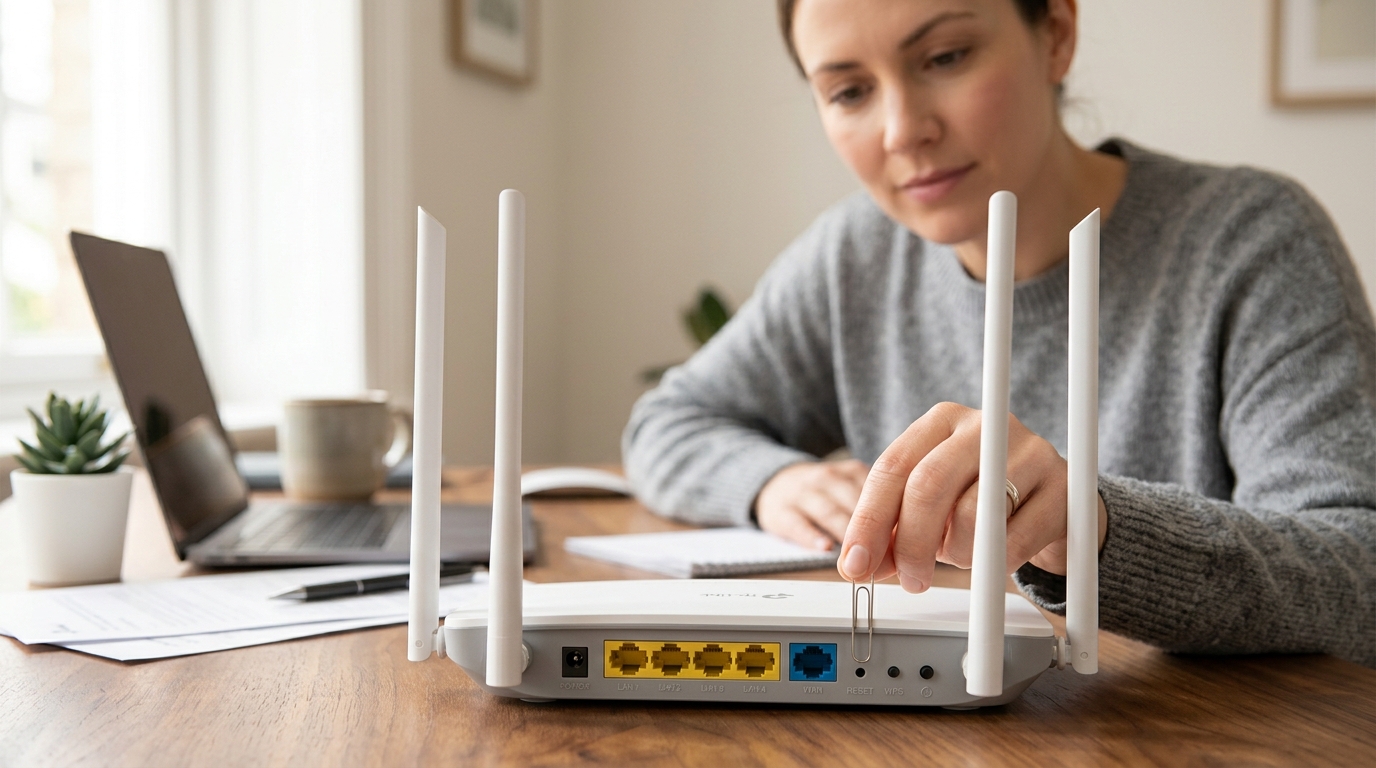 Person about to press the physical reset button on a TP-Link router