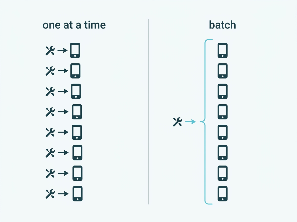 Eight devices updated individually in sequence beside the same eight updated together in one action 