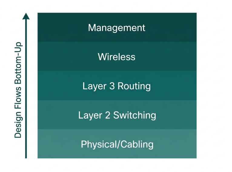 Flat layered stack diagram showing cabling at the base, then switching, routing, wireless, and management on top