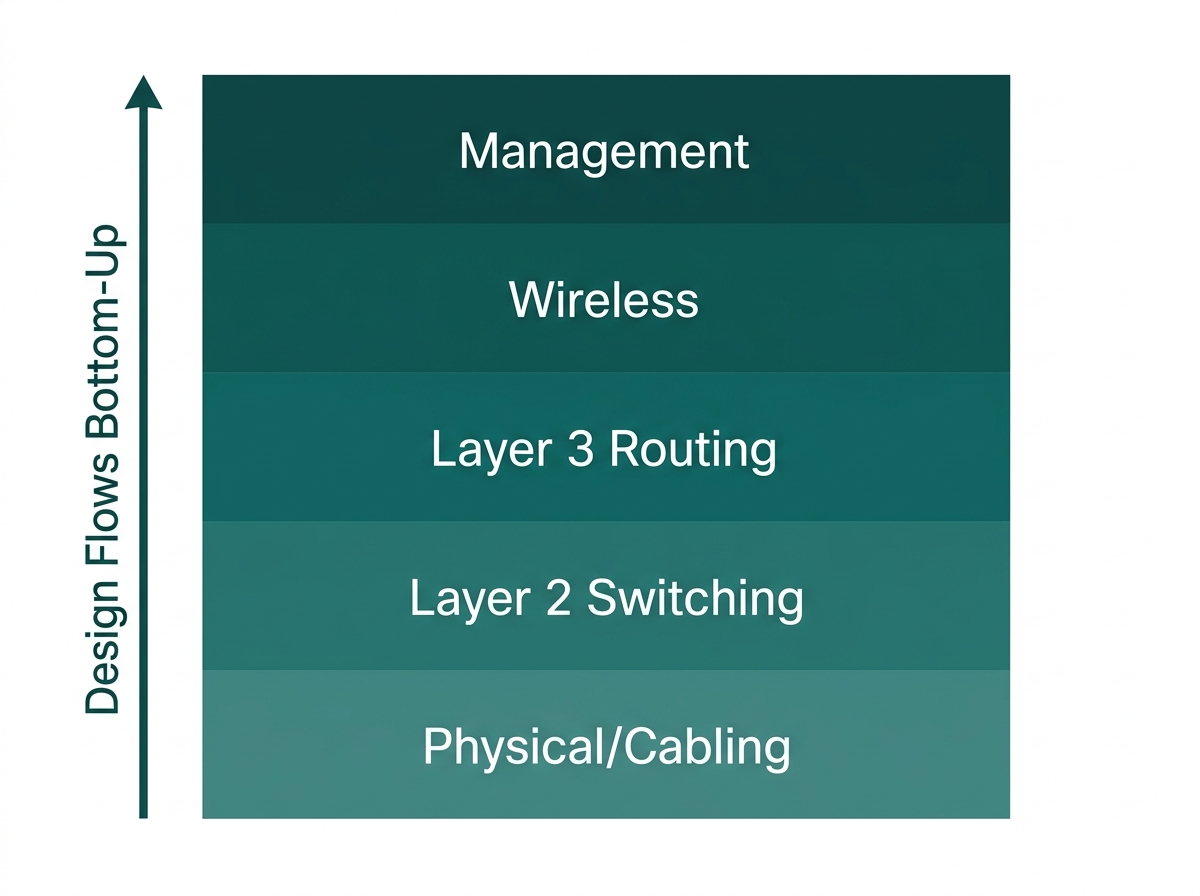 Flat layered stack diagram showing cabling at the base, then switching, routing, wireless, and management on top