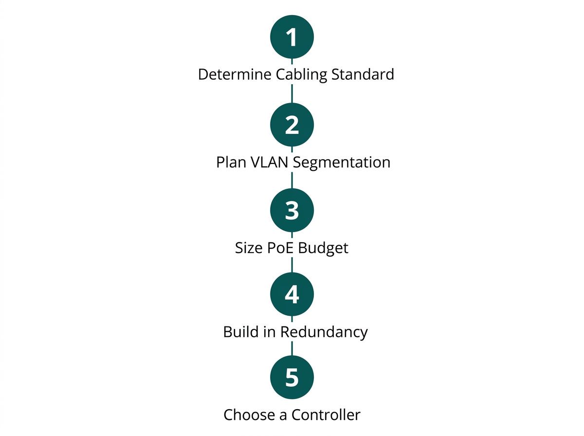 Flat checklist diagram showing five steps to design business network infrastructure from scratch