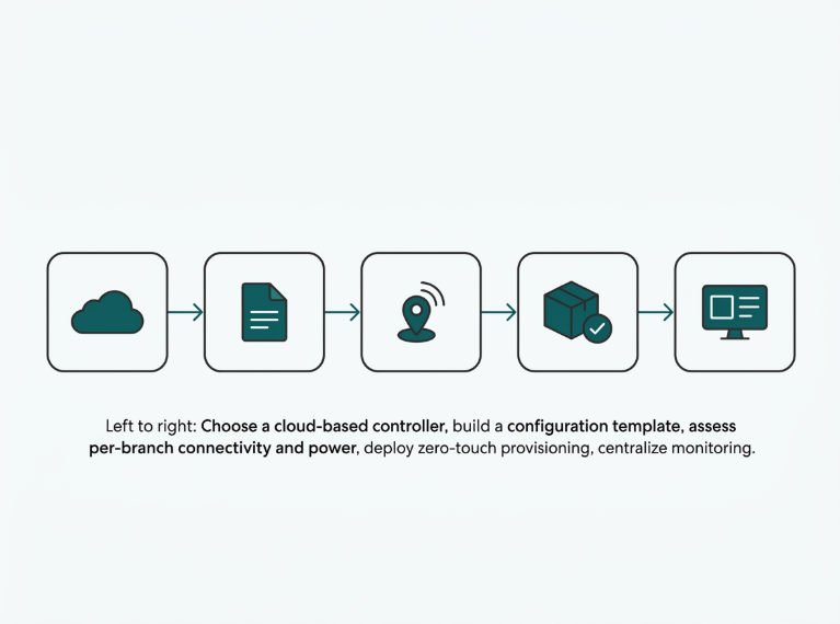 Flat five-step flow diagram for rolling out multi-site network management