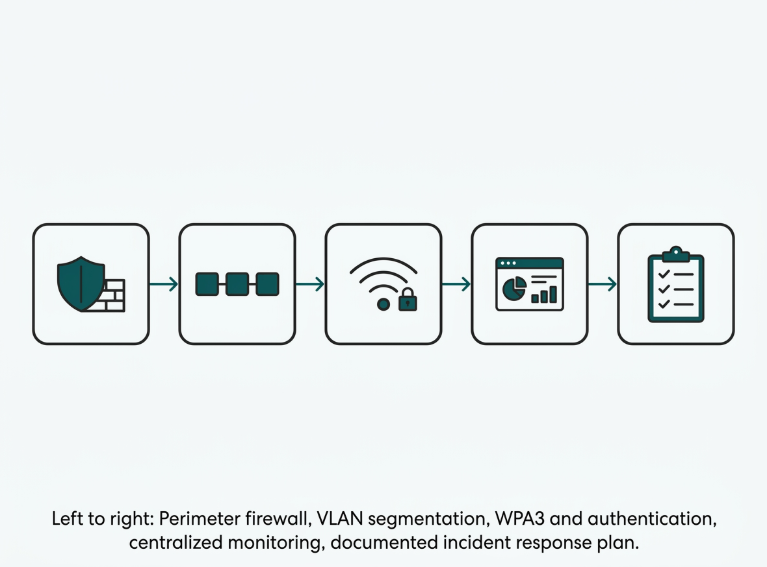 Flat five-step flow diagram for building a layered network security posture, from perimeter firewall to incident response documentation