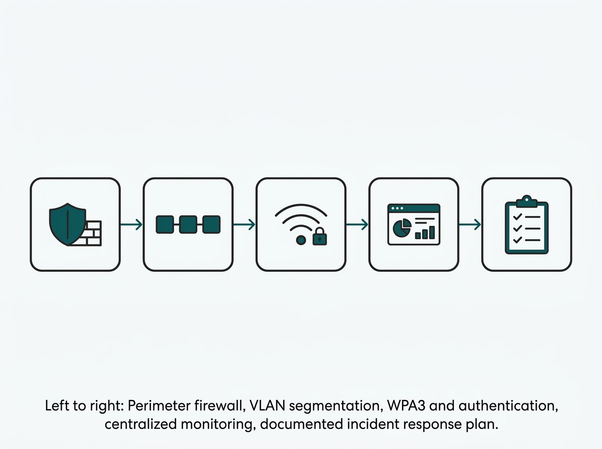 Flat five-step flow diagram for building a layered network security posture, from perimeter firewall to incident response documentation