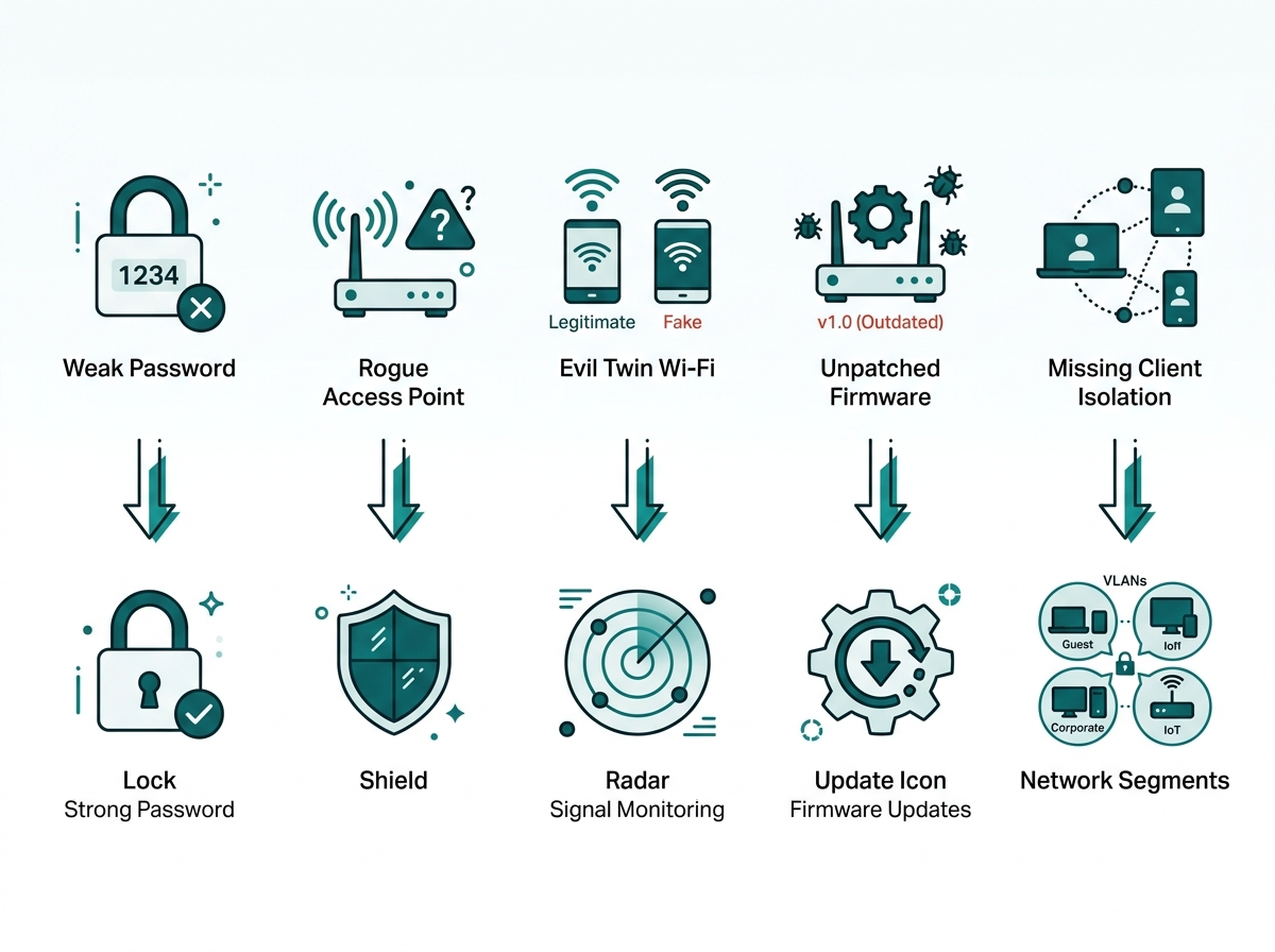 : Diagram showing five common unauthorized network access paths and their corresponding defenses