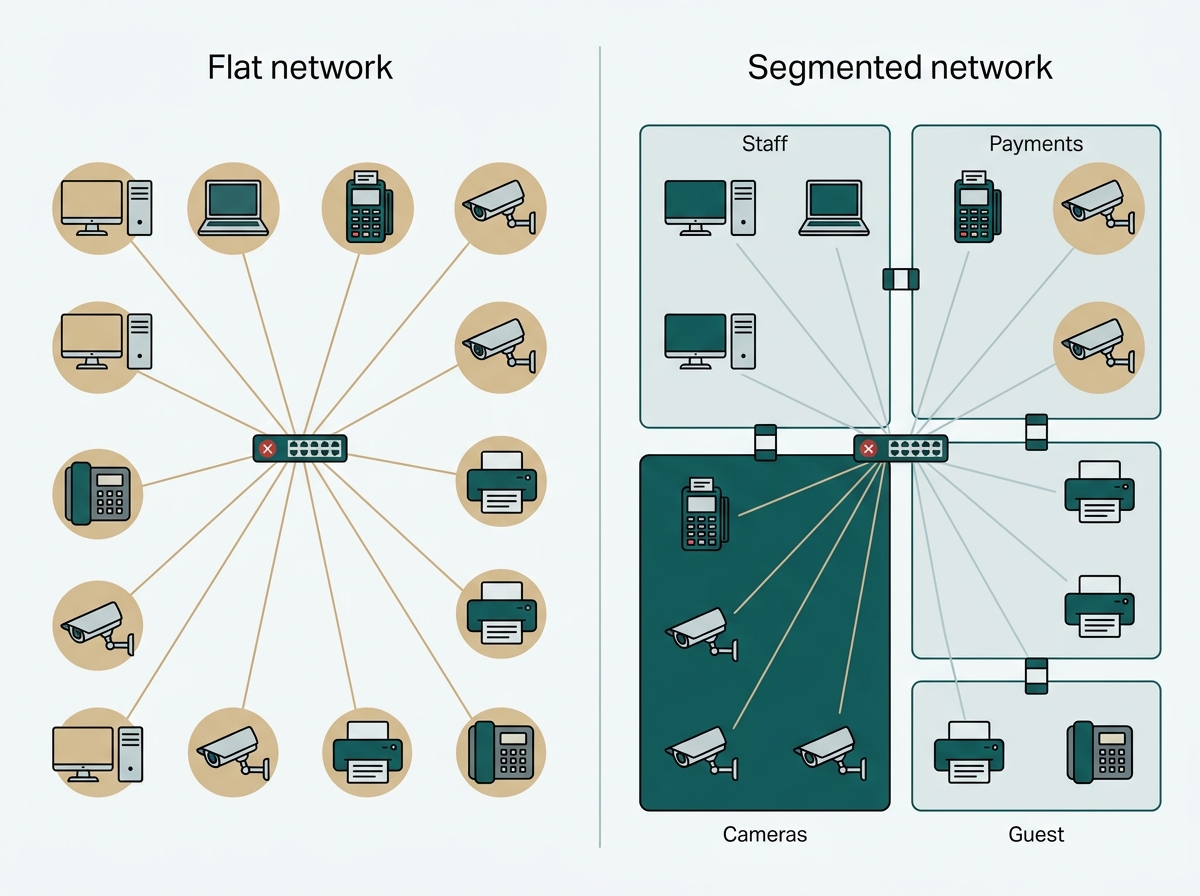 Comparison showing an attacker reaching every device on a flat network beside the same attacker contained within one zone on a segmented network
