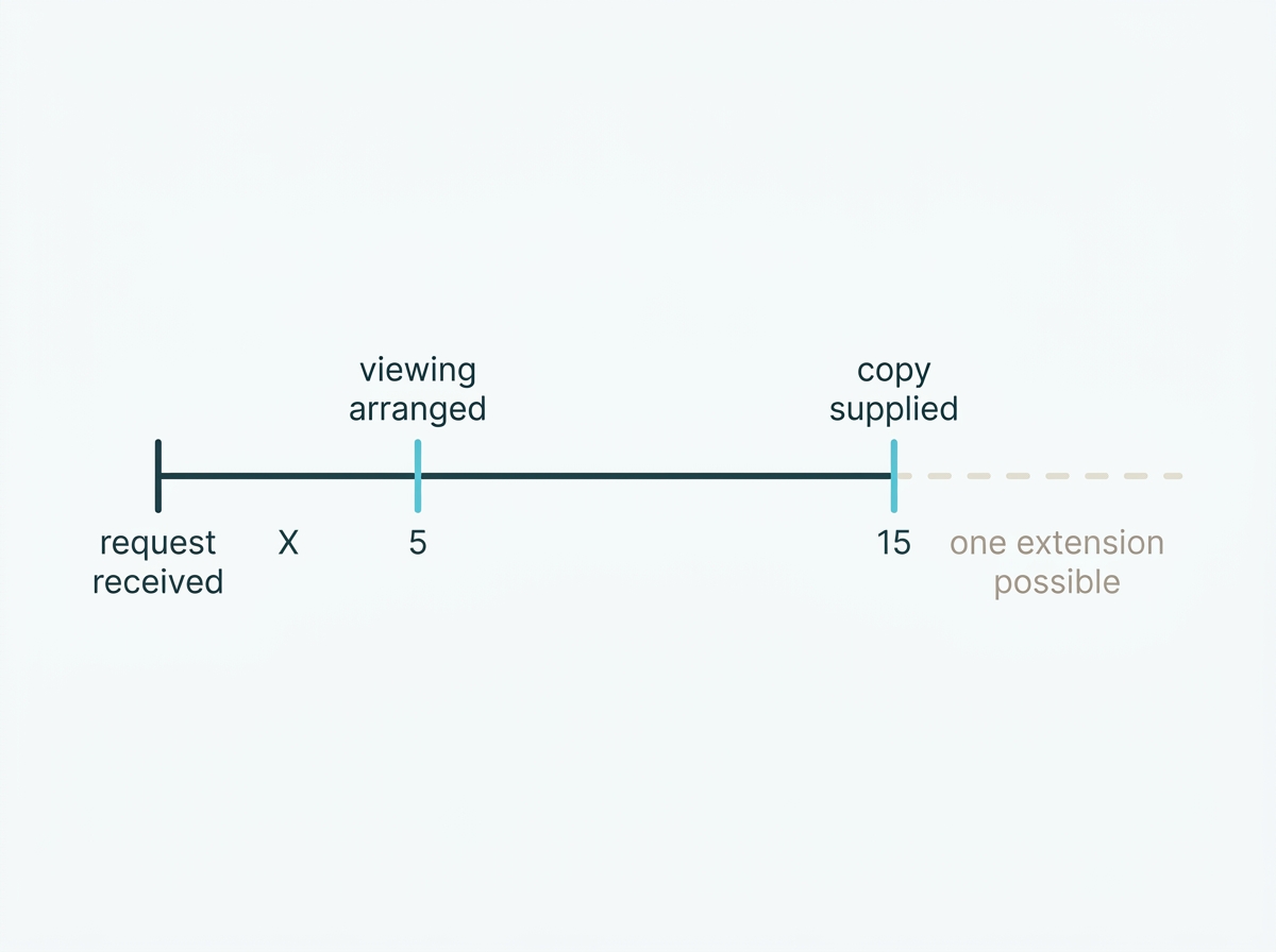 A response timeline showing five working days to arrange viewing and fifteen to supply a copy, with one extension 