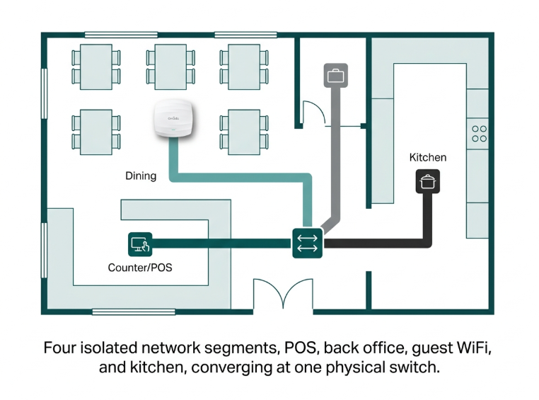 Flat restaurant floor plan diagram showing POS, staff back office, guest WiFi, and kitchen displays as four separate colored network paths converging at one switch