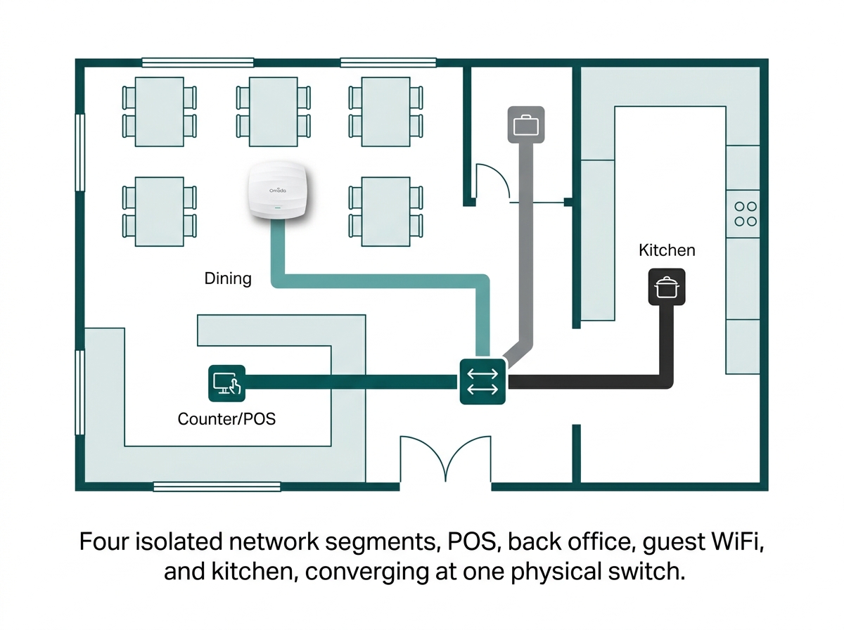 Flat restaurant floor plan diagram showing POS, staff back office, guest WiFi, and kitchen displays as four separate colored network paths converging at one switch