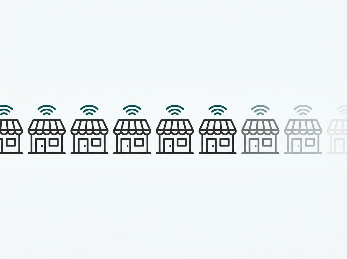 Flat illustration of a storefront icon multiplied across a row to represent hundreds of franchise branches