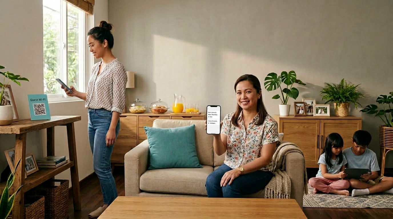 Visiting relative joining the guest Wi-Fi while a Filipino mother keeps her kids on the main network with TP-Link parental controls