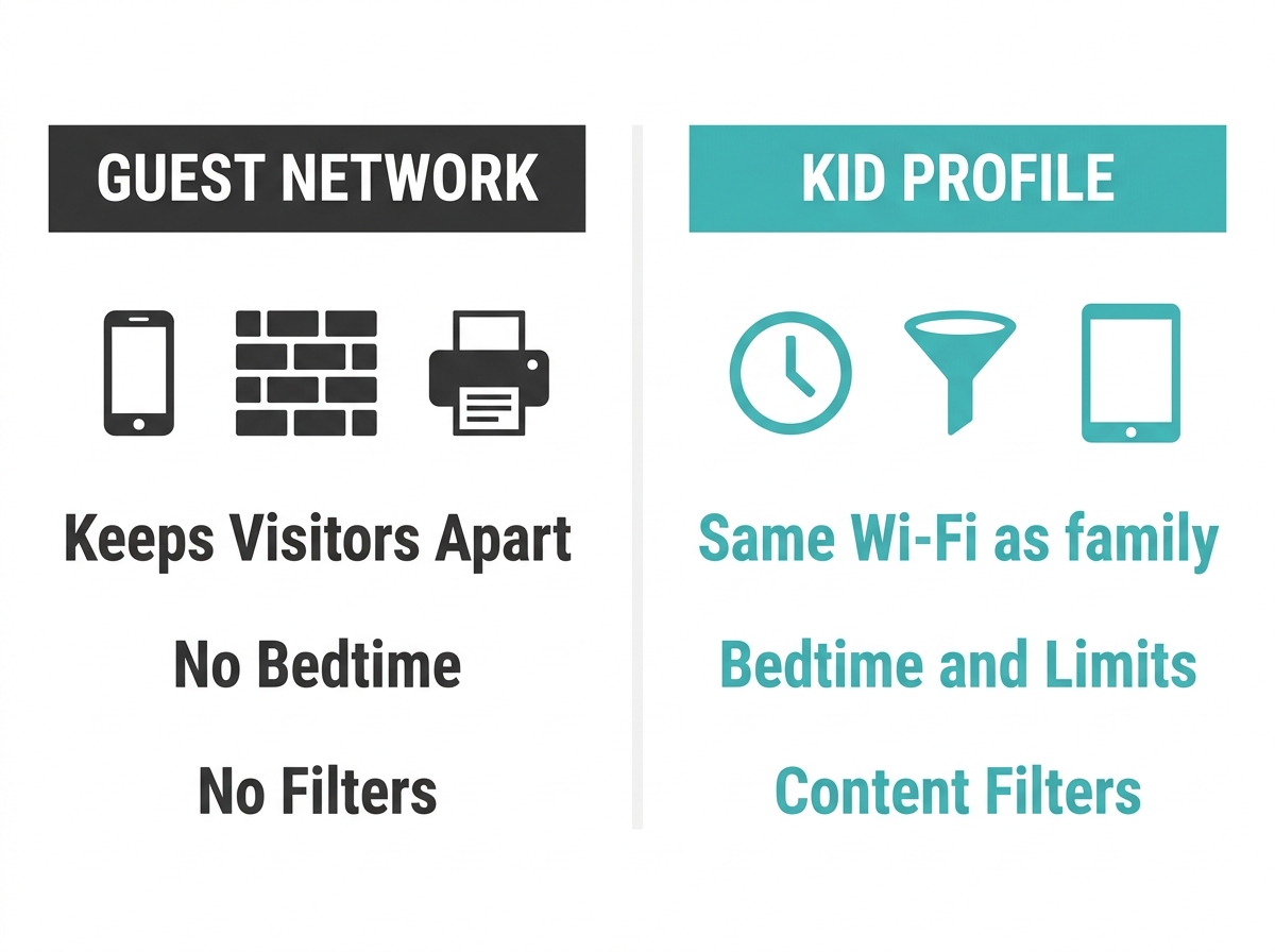 Comparison of a TP-Link guest network, which isolates visitors, and a kid profile, which adds bedtime, limits, and filters