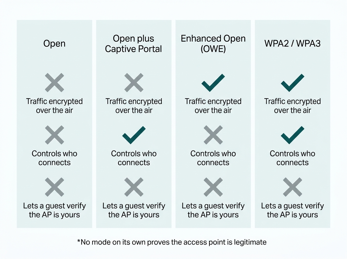 Comparison of open, open with captive portal, Enhanced Open, and WPA3 guest networks showing which protect traffic over the air and which verify the access point