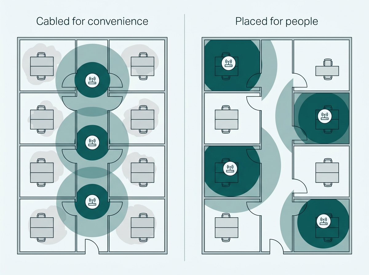 Floor plan comparison showing hallway-mounted access points producing weak in-room coverage next to room-mounted access points producing strong coverage at the desks