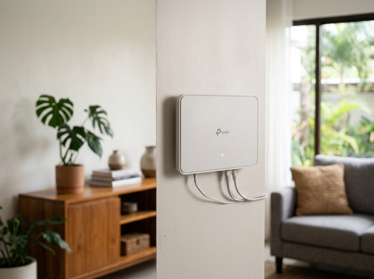 The TP-Link Archer Air R5 WiFi 6 router shown in a modern Philippine living room setting 