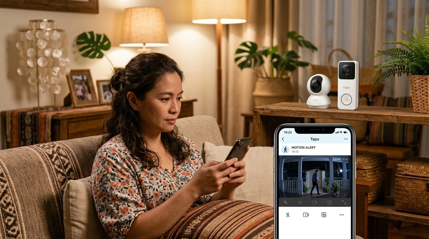 Alt text: Homeowner in a Philippine living room reviewing a smartphone app showing a live camera feed, with the physical Tapo camera lineup visible on a nearby shelf
