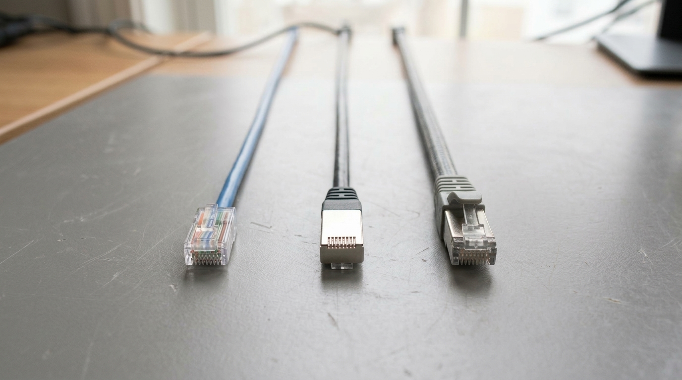Close-up photograph of several labeled Ethernet cable categories, Cat5e, Cat6, and Cat6a, arranged side by side showing differences in cable thickness and connector shielding