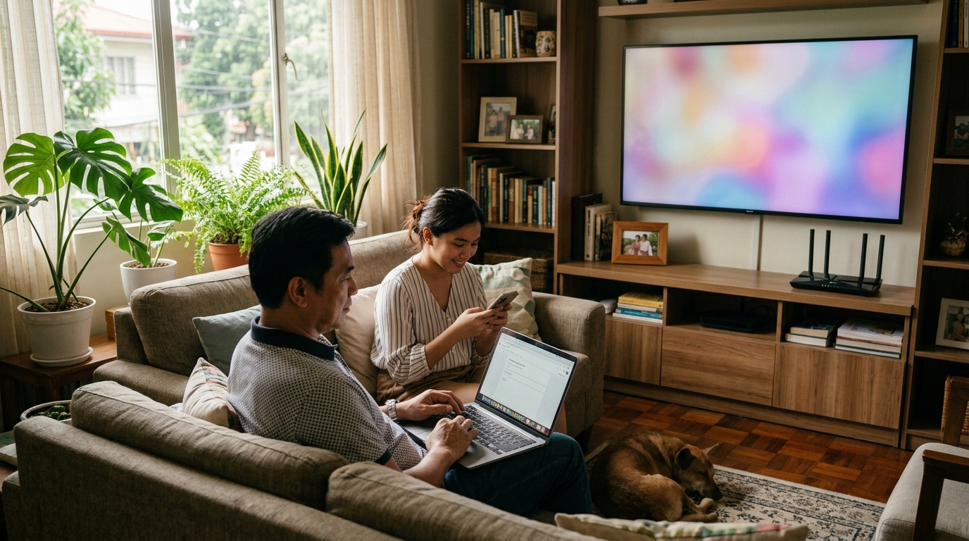 A Filipino family using multiple connected devices at home, laptop, smart TV, and phone, with a real TP-Link router visible on a shelf