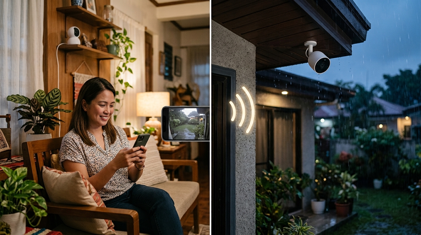 Alt text: Split scene of a homeowner checking an indoor Tapo camera feed inside a living room and a weatherproof outdoor Tapo camera mounted under a house eave in the rain