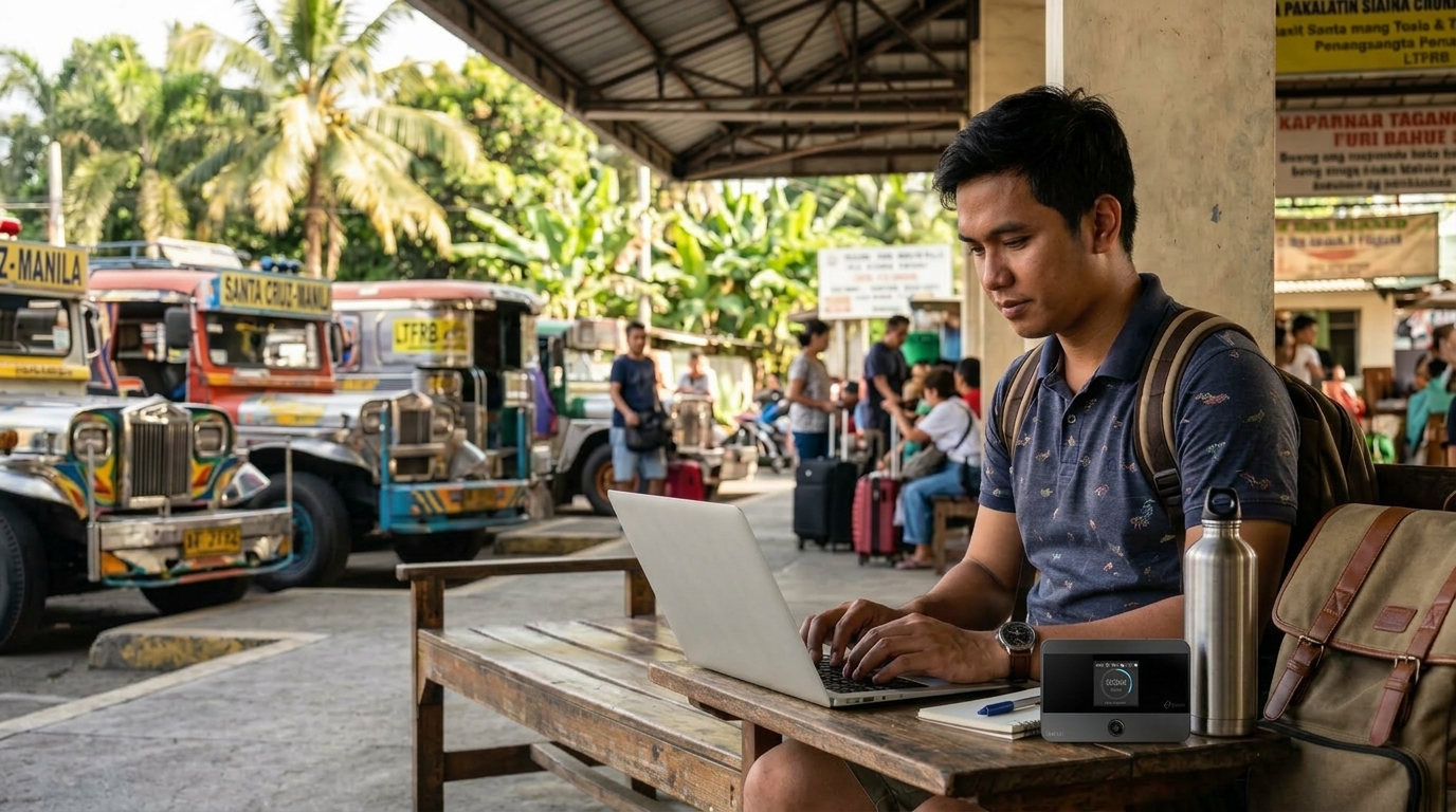 A Filipino traveler at a provincial bus terminal using a laptop connected to a real TP-Link mobile hotspot device on the seat beside them