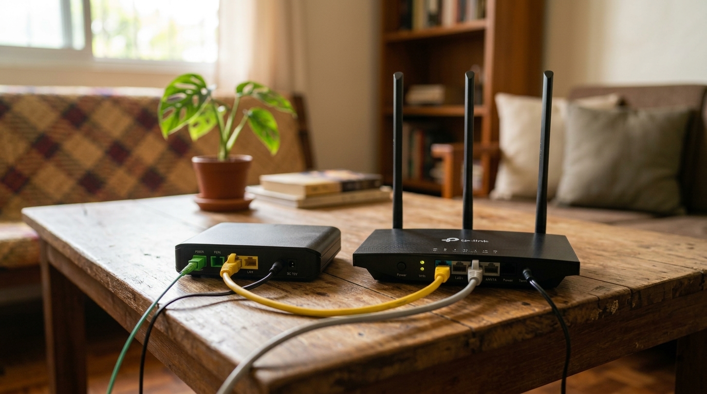 Alt text: A standalone modem and a standalone WiFi router shown side by side on a table, cables visible, each labeled 