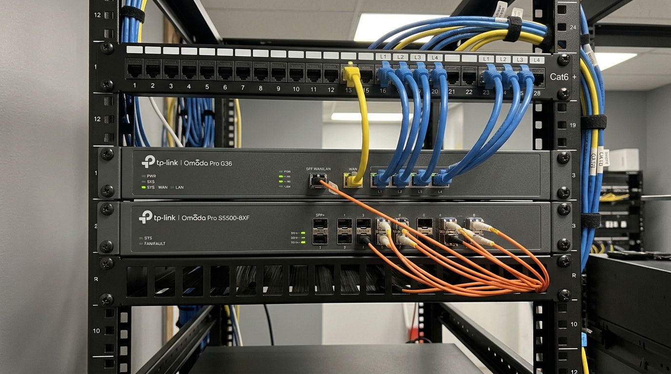 A real Omada Pro switch and router installed in a business network rack, cables neatly organized