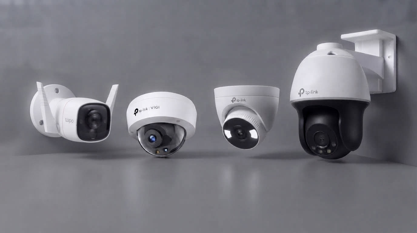 Four outdoor security camera types, bullet, dome, turret, and PTZ, photographed together against a neutral background with labels