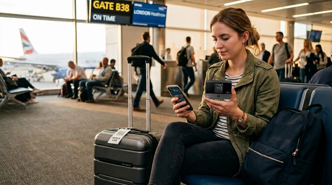 A traveler at an airport gate holding a real TP-Link pocket WiFi device while checking their phone, with a small crowd softly blurred in the background