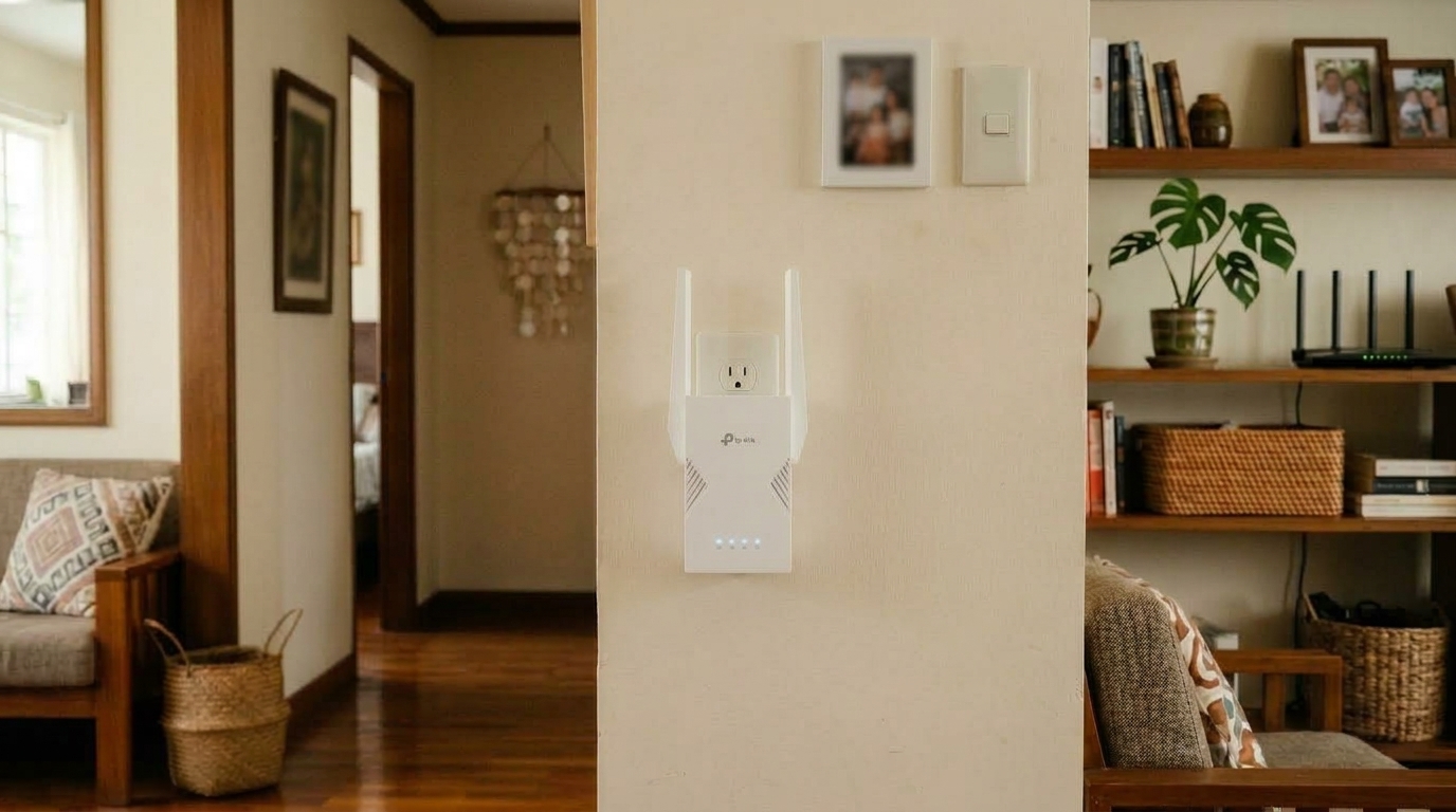 A real TP-Link WiFi range extender plugged into a wall outlet in a Filipino living room, signal light visible
