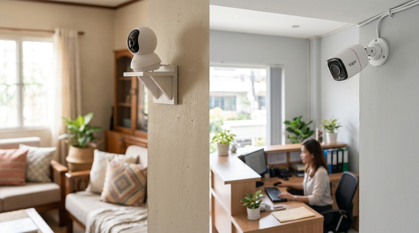 Split scene showing a discreet security camera mounted in a home living room and a similar camera mounted in a small office reception area