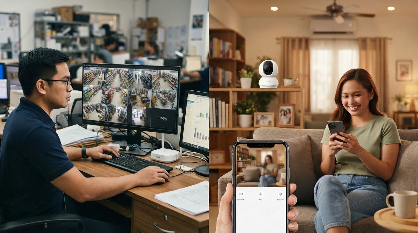 Split scene showing a multi-camera surveillance control room monitor on one side and a homeowner checking a single security camera app on their phone on the other