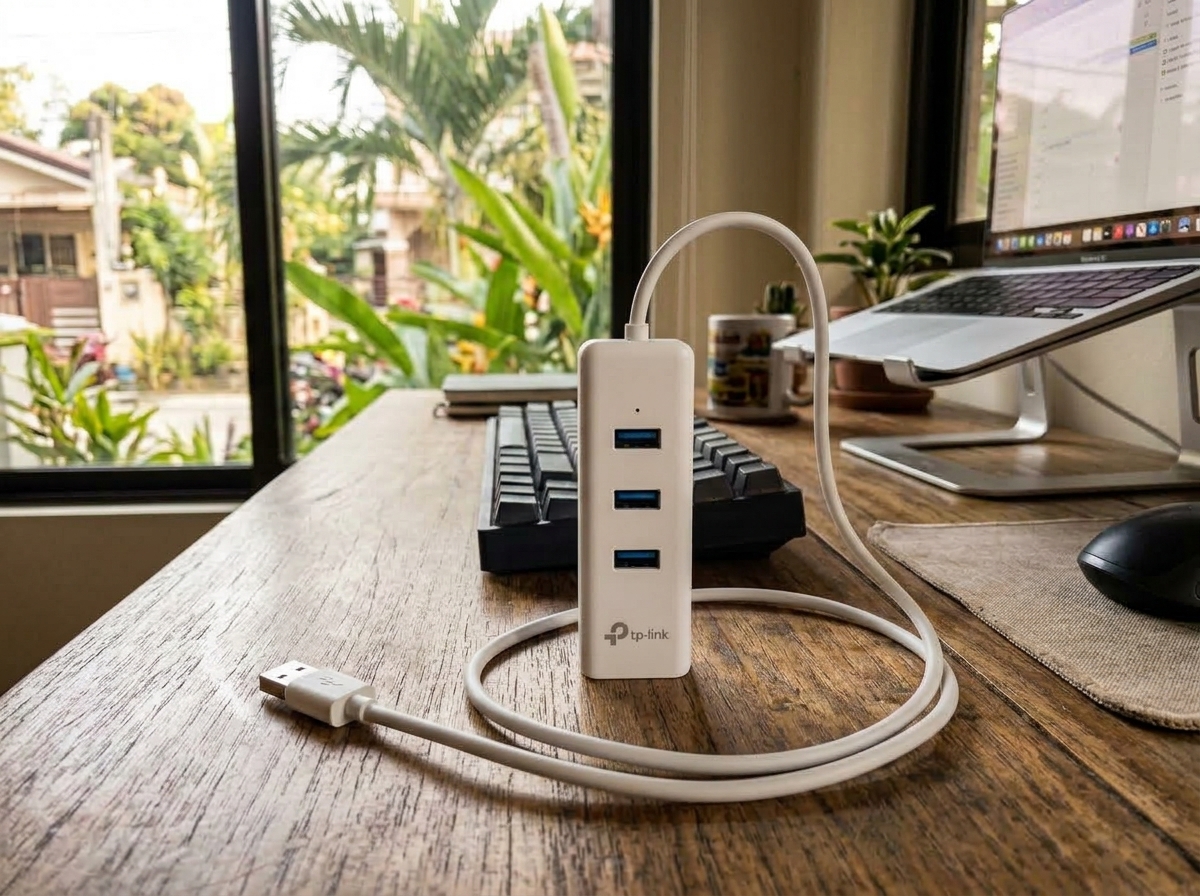A real TP-Link USB hub with three ports and integrated cable, connected to a keyboard and mouse on a home office desk in the Philippines