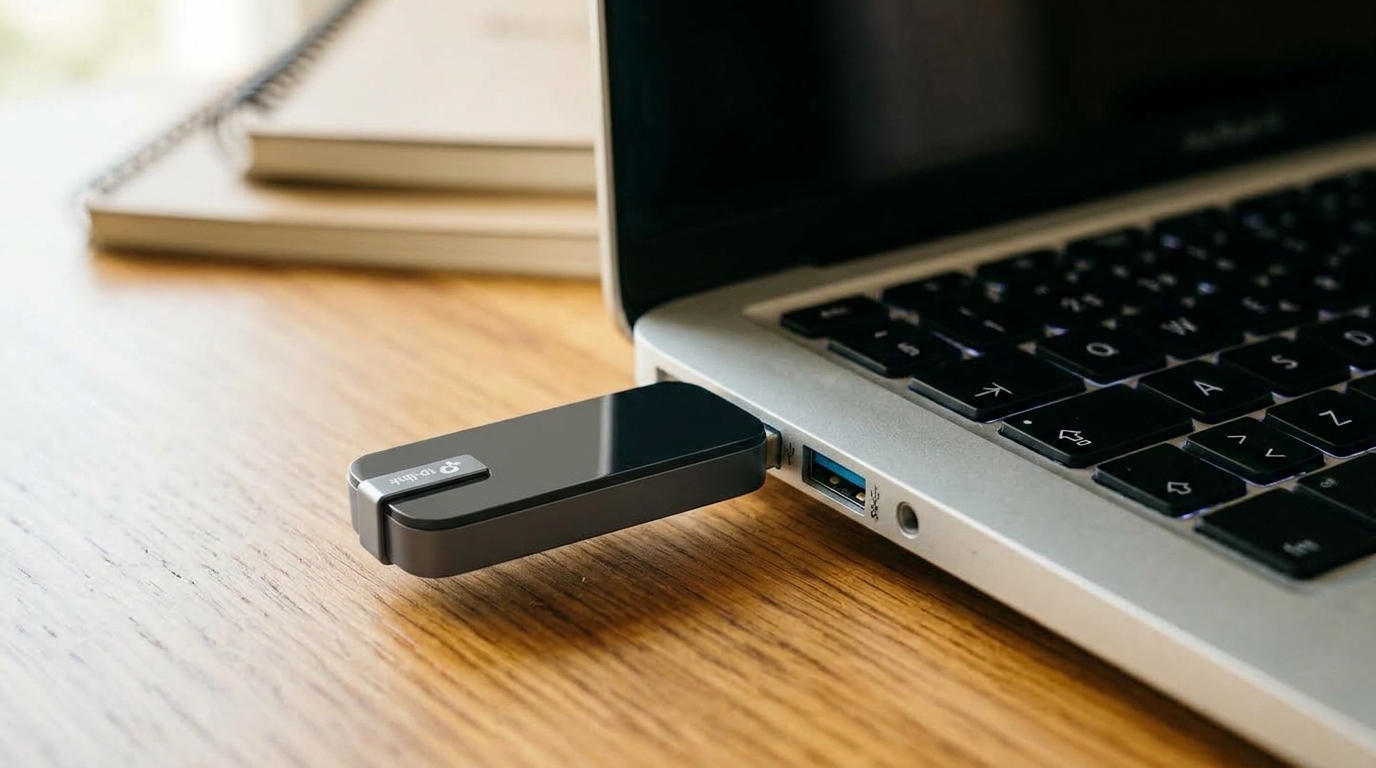 Close-up of a USB WiFi adapter plugged into a laptop's blue USB 3.0 port 