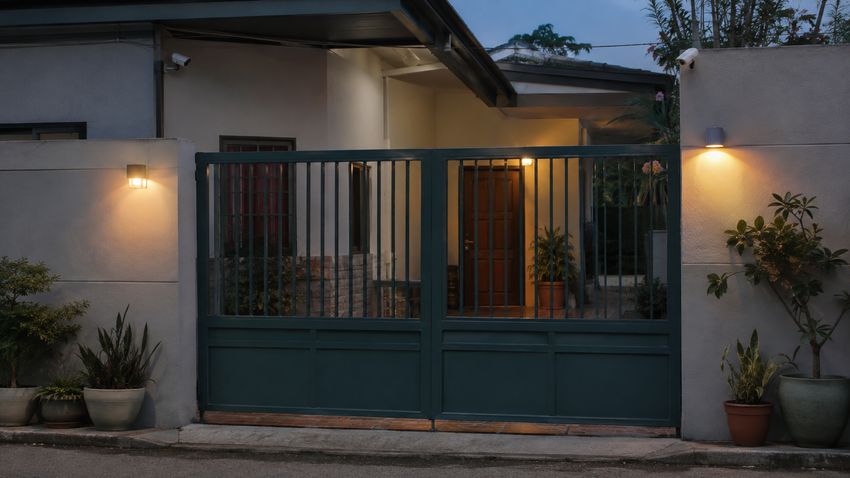 Camera mounted above a residential gate beside a lit porch light at dusk