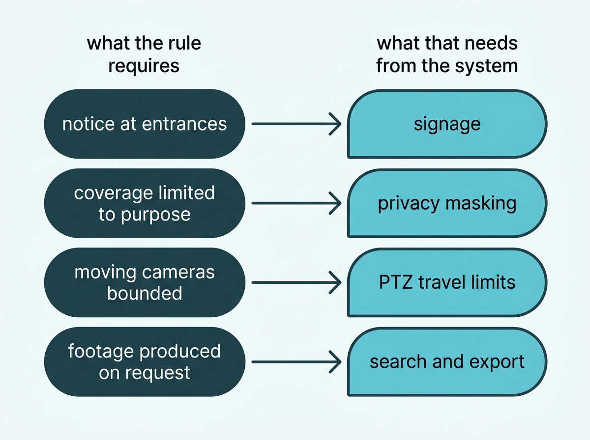 Four hotel privacy requirements mapped to the equipment feature each one depends on