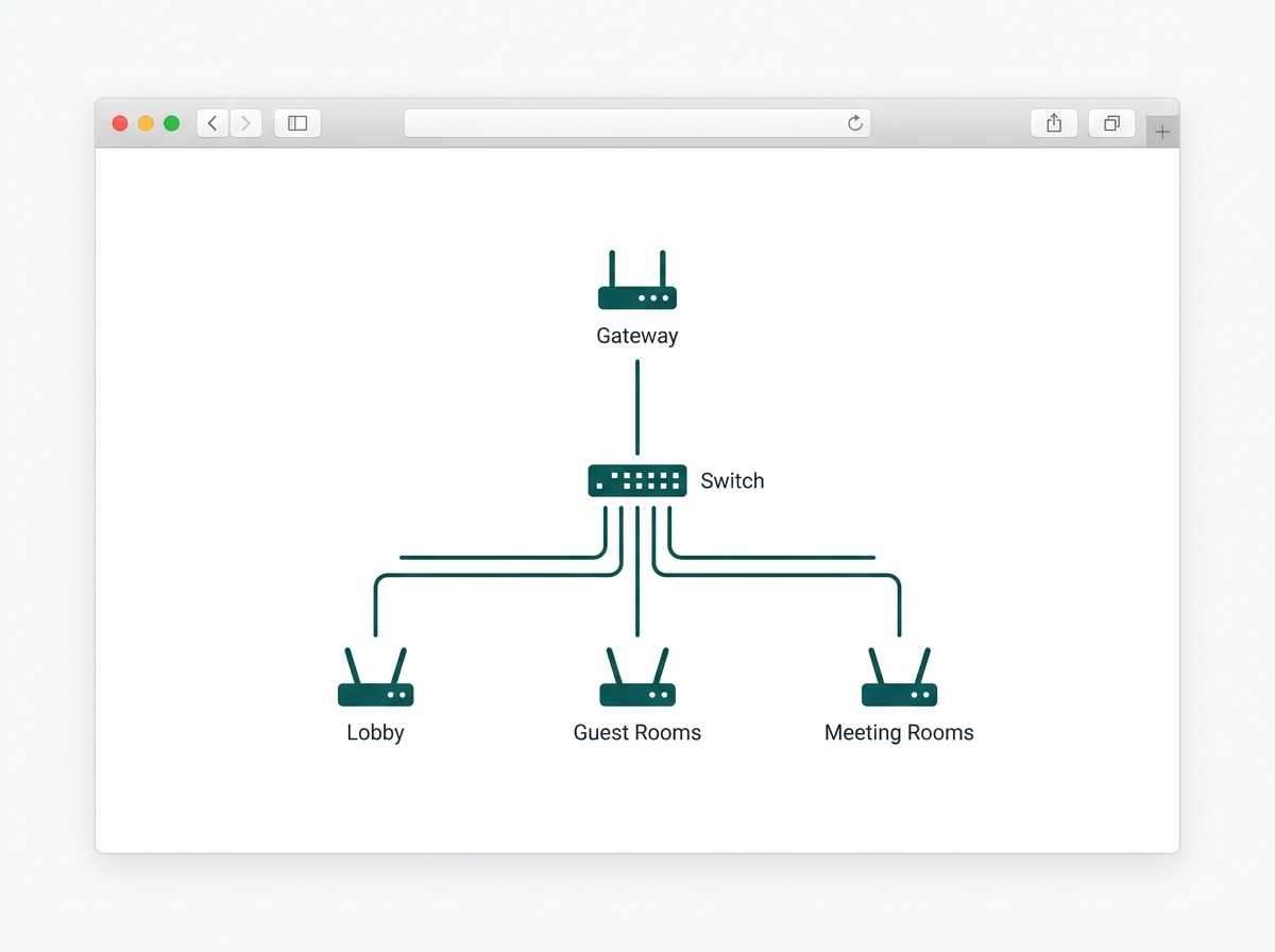 Flat mockup of an Omada controller dashboard managing gateway, switches, and access points across a hotel property