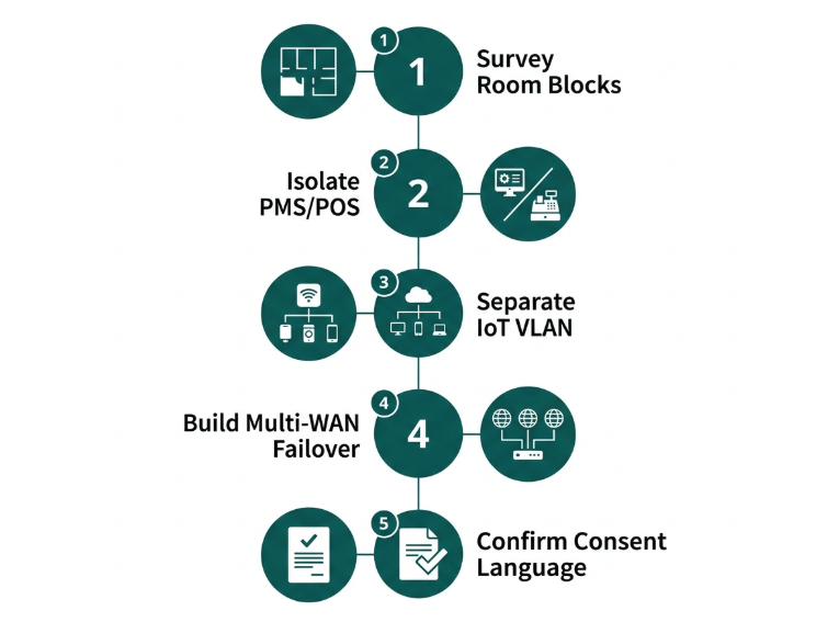 Flat checklist diagram showing five steps to design a compliant, resilient hotel WiFi network