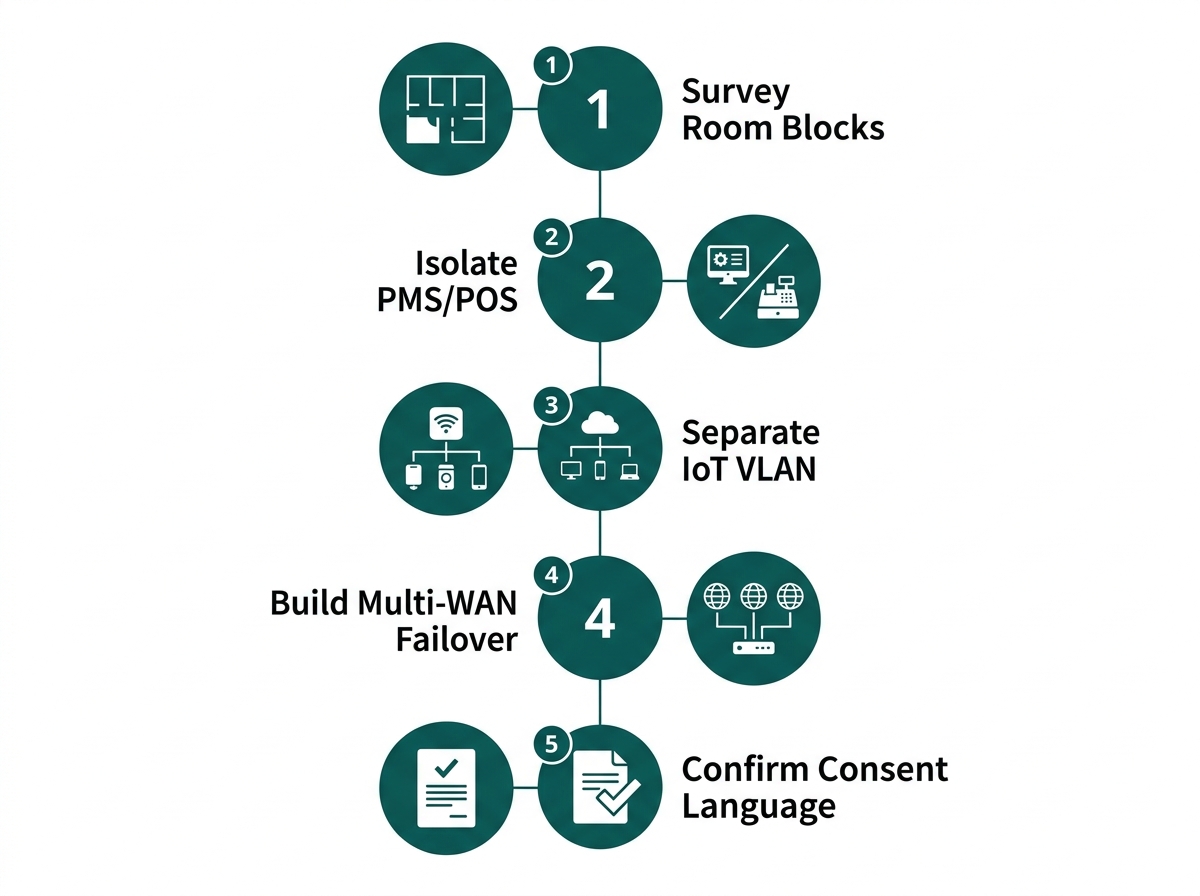 Flat checklist diagram showing five steps to design a compliant, resilient hotel WiFi network