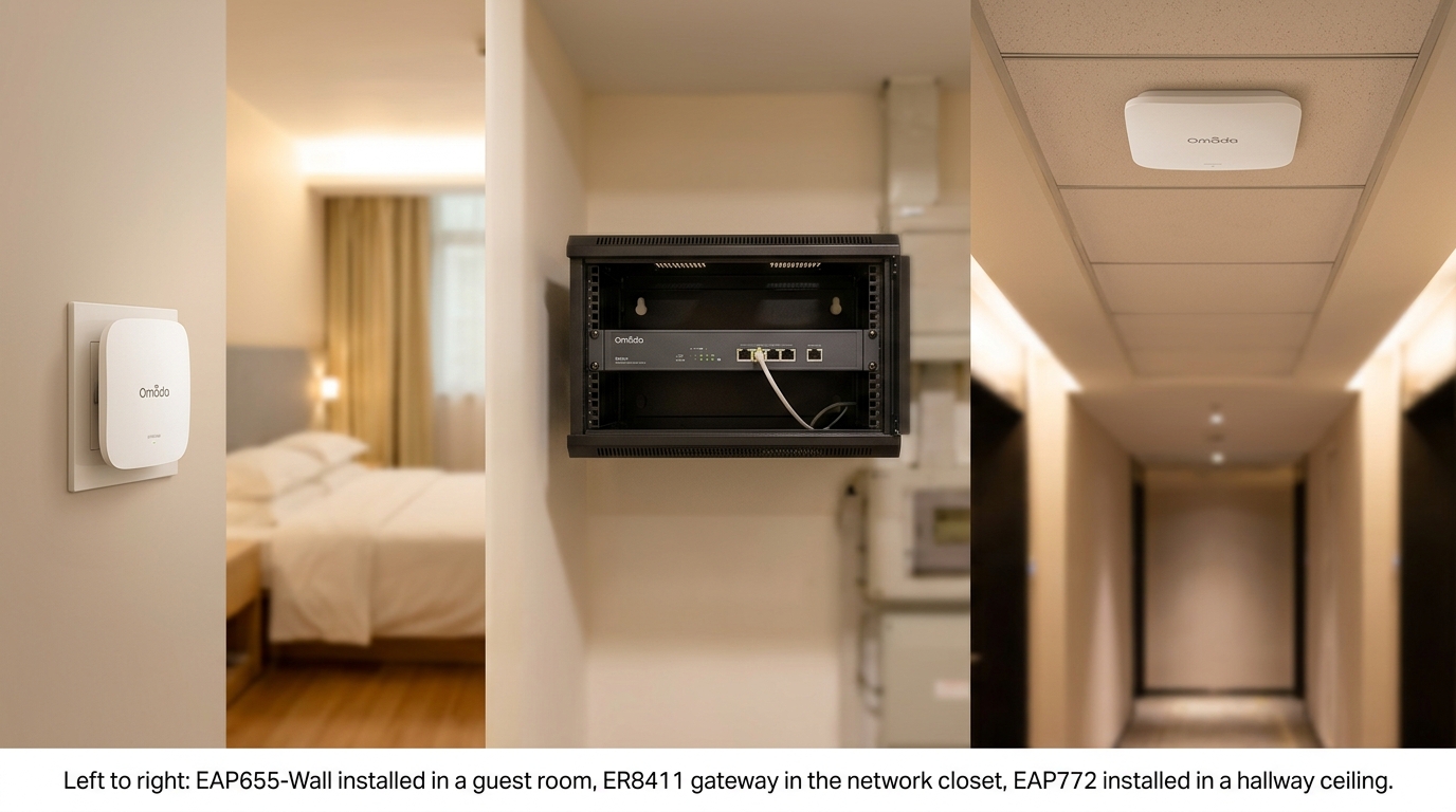 Product photo of Omada hotel WiFi hardware shown installed in context: a wall plate access point in a guest room, a gateway in a network closet, and a ceiling mount access point in a hallway.